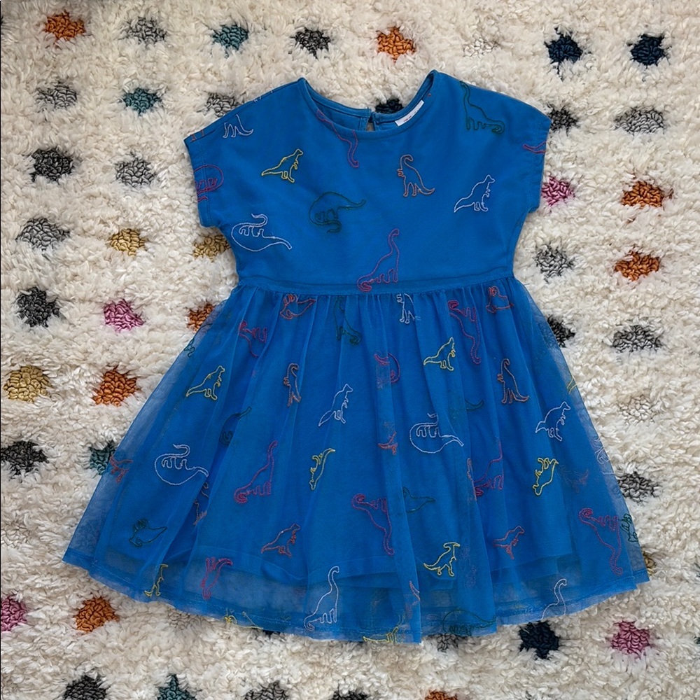 Hanna Anderson Blue Dinosaur Embroidered Dress size 6-7